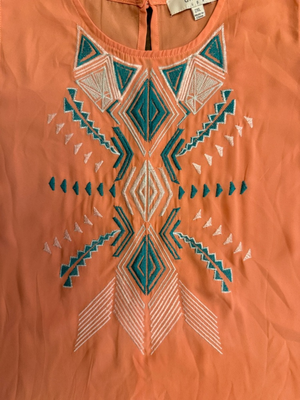 Umgee Coral Sleeveless Tank with Teal Embroidered Front - Picture 3 of 7